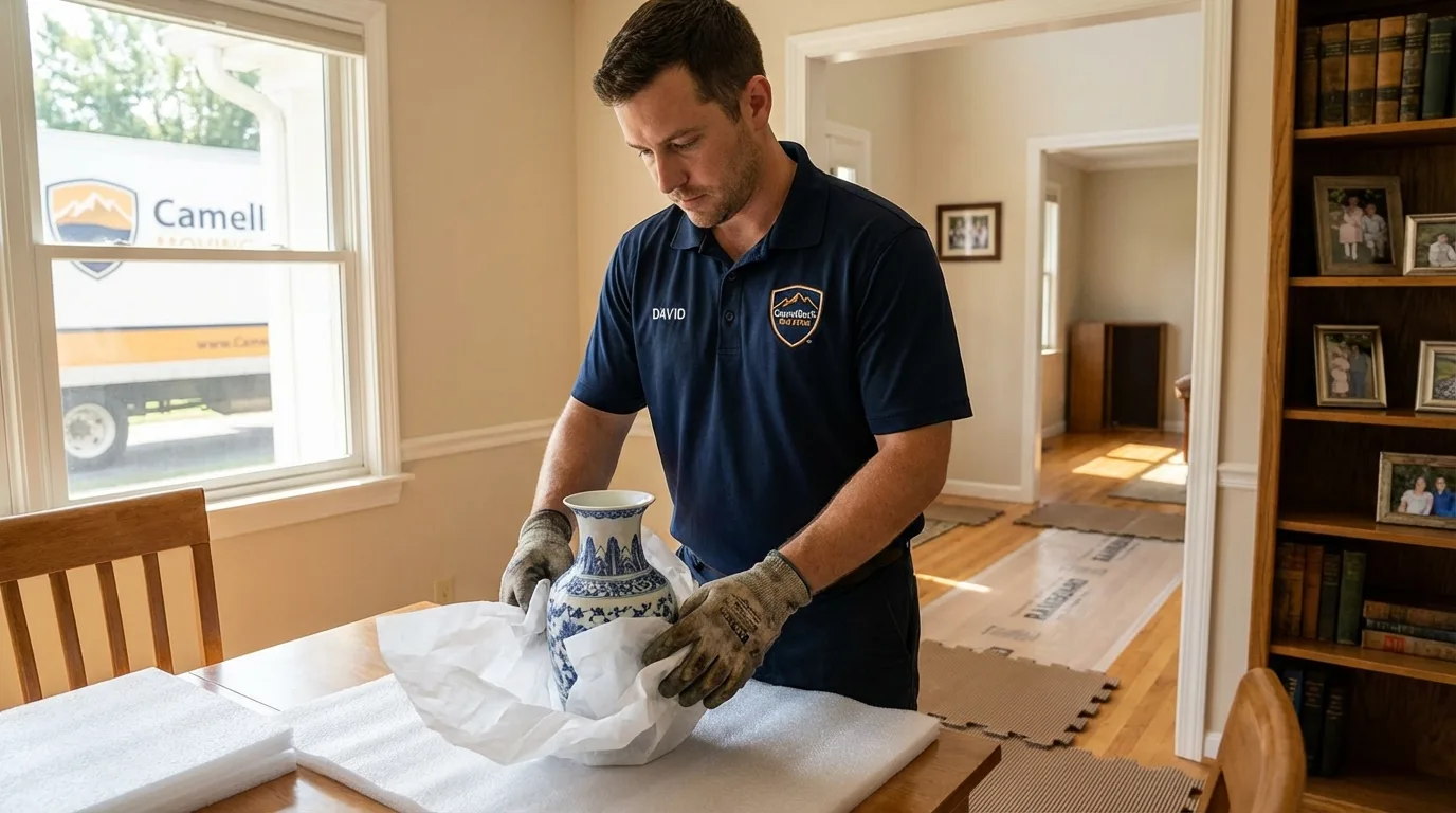 Professional crew carefully wrapping antique vase for senior downsizing move in Radcliff, KY